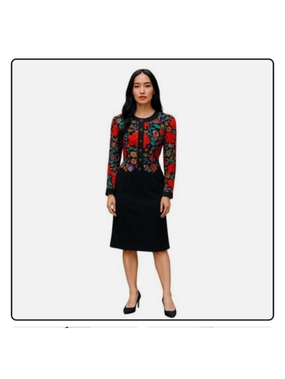 Vintage David Warren Vibrant Floral Button-Up Black Midi Dress USA Made Sz 12